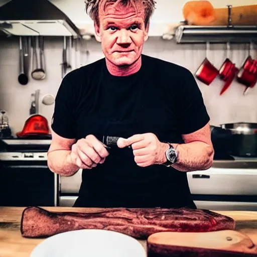 Image similar to gordon ramsey holding knife, famous chef gordon ramsey, angry, holding kitchen knife, butcher knife, phone camera, zoom