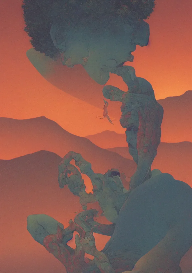 Prompt: a closeup portrait of a young man eating magic mushrooms and dreaming psychedelic hallucinations, by kawase hasui, moebius, Edward Hopper and James Gilleard, Zdzislaw Beksinski, Steven Outram colorful flat surreal design, hd, 8k, artstation