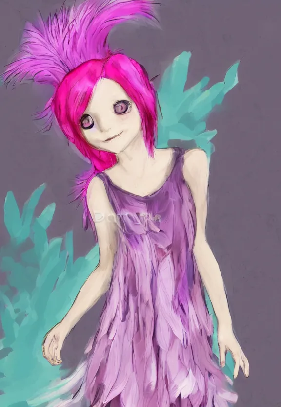 Image similar to little girl with eccentric pink hair wearing a dress made of purple feather, art by dcwj