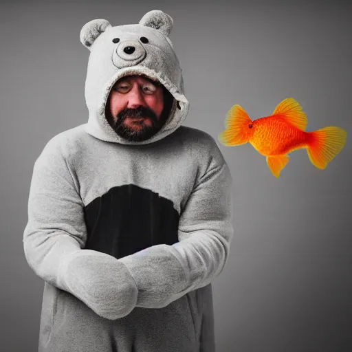 Prompt: a grumpy human man wearing a bear costume, holding a fish bowl with a goldfish in it, photography, prize winning