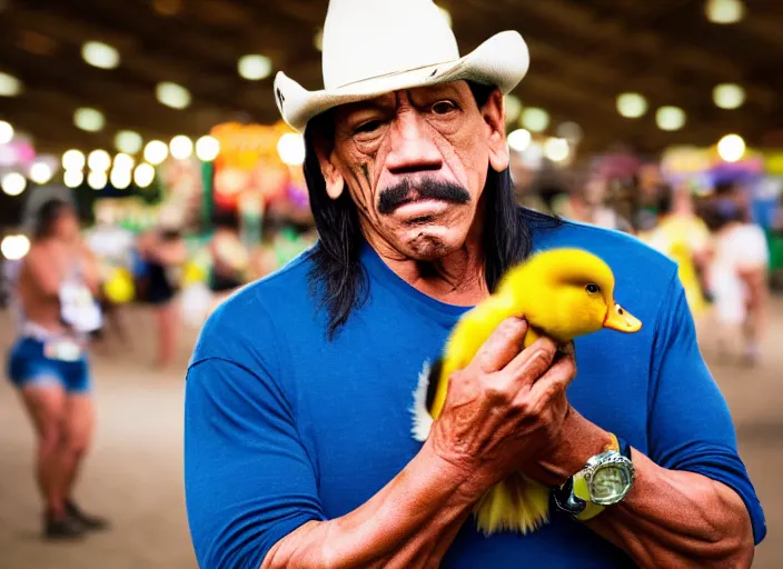 Image similar to photo still of danny trejo at the county fair!!!!!!!! at age 5 6 years old 5 6 years of age!!!!!!!! holding a baby duck he won, 8 k, 8 5 mm f 1. 8, studio lighting, rim light, right side key light
