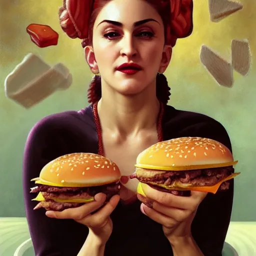 Image similar to portrait of Madonna eating hamburgers, extra onions and ketchup, luscious patty with sesame seeds, feminine ethereal, handsome, D&D, fantasy, intricate, elegant, highly detailed, digital painting, artstation, concept art, matte, sharp focus, illustration, art by Artgerm and Greg Rutkowski and Alphonse Mucha