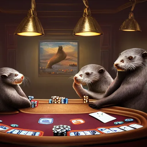 Image similar to otters playing poker, hyper detailed, dramatic lighting, cgsociety, realistic, hyper detailed, insane details, intricate, dramatic lighting, hypermaximalist, golden ratio, rule of thirds, octane render, weta digital, micro details, ultra wide angle, artstation trending, 8 k,