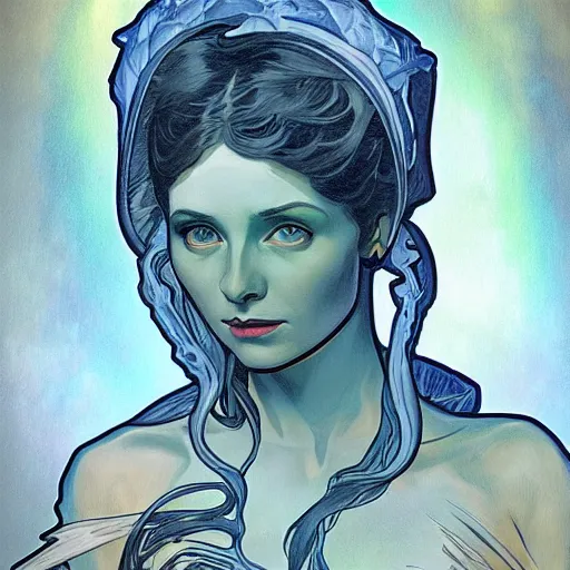 Image similar to realistic unknown alien lilith portrait in style of alphonso mucha, lalique detailed 8 k