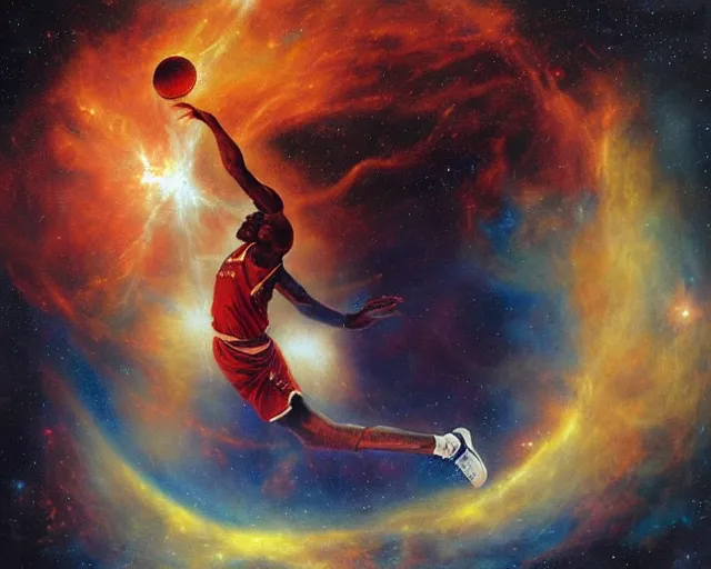 Image similar to cosmic basketball player dunking a basketball hoop in a nebula, an oil painting, by ( leonardo da vinci ) and greg rutkowski and rafal olbinski ross tran airbrush time magazine