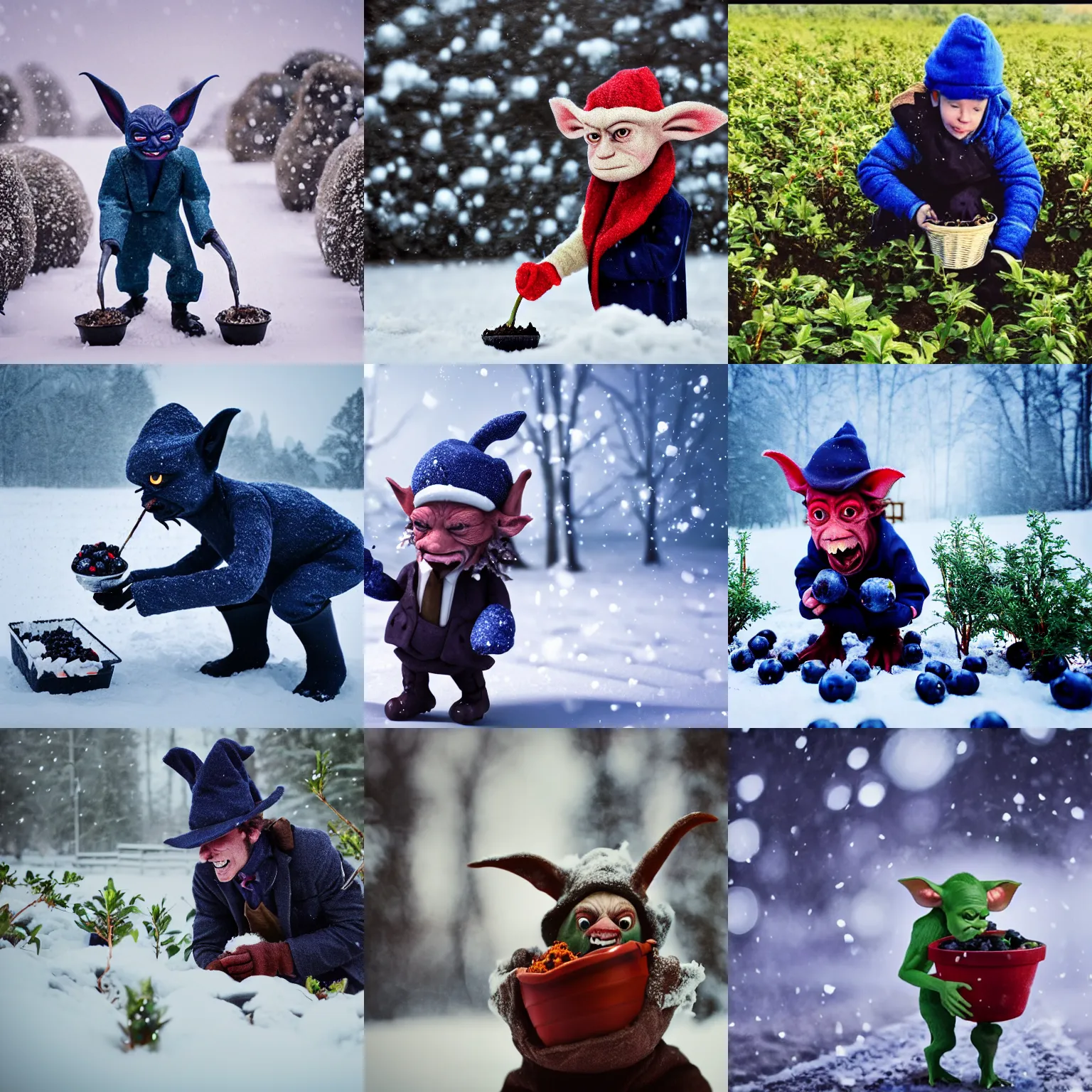 Prompt: a goblin dressed as a ceo planting blueberries in a winter wonderland, cinematic shot