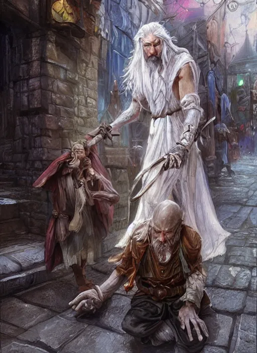 Image similar to poor beggar on the streets, bright, white, ultra detailed fantasy, dndbeyond, bright, colourful, realistic, dnd character portrait, full body, pathfinder, pinterest, art by ralph horsley, dnd, rpg, lotr game design fanart by concept art, behance hd, artstation, deviantart, hdr render in unreal engine 5