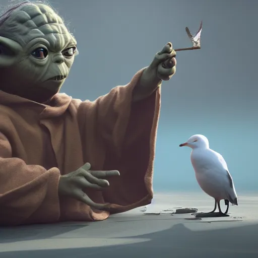 Prompt: Yoda smacking a seagull with a stick, hyperdetailed, artstation, cgsociety, 8k