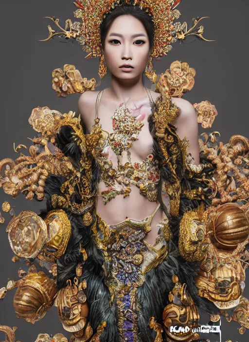 Image similar to expressive full body photo of a thai female model, ornate headpiece made from flowers, ornaments, glamour shot, by karol bak, by stefan gesell, photorealistic, canon r 3, fashion photography, hyper maximalist, elegant, ornate, luxury, elite, environmental portrait, symmetrical features, octane render, unreal engine, solid dark grey background, dramatic lights