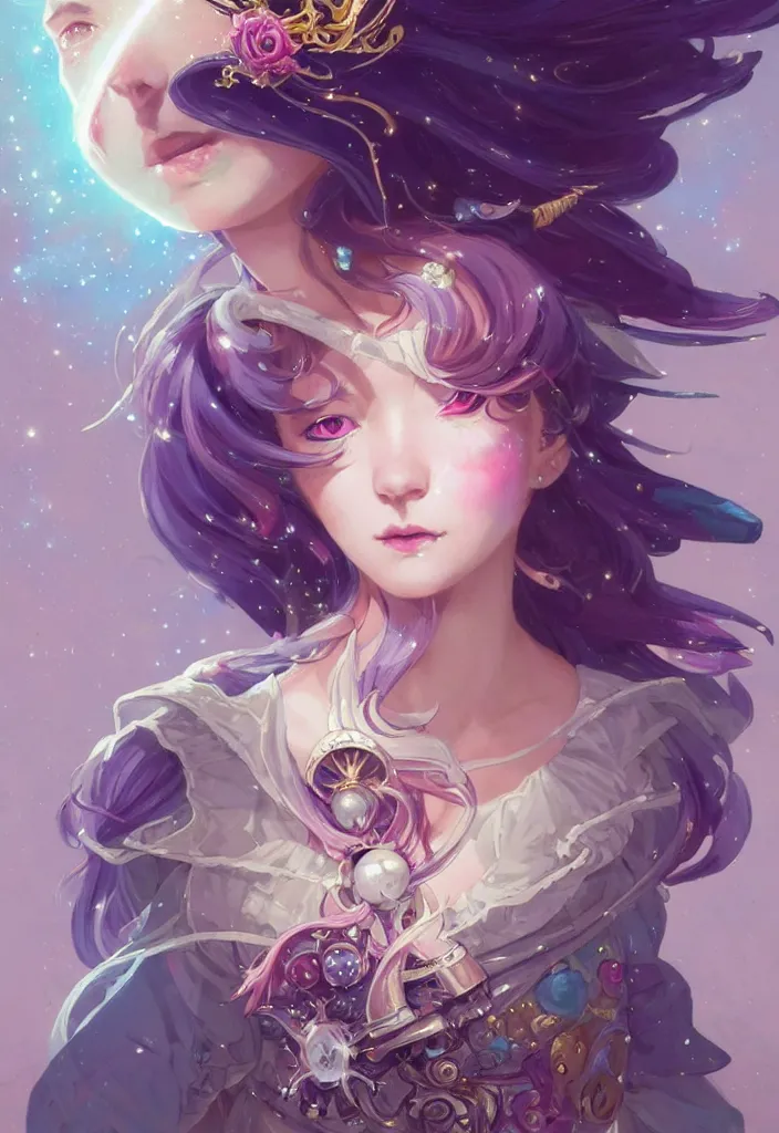 Image similar to close up picture of an maximalist dress magical girl, neat hair with bangs, smug face, extremely beautiful and aesthetic and detailed cute face and eyes, wipe out evils with cute astronaut familiar sprites, aming the magical beams to the camera, chiaroscuro, intricate, masterpiece, epic fantasy illustrations by peter mohrbacher and anato finnstark and jeremy lipking