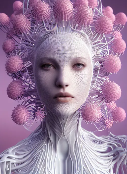 Prompt: complex 3 d render hyper detailed ultra sharp beautiful futuristic stunning biomechanical humanoid woman with porcelain ivory face, medium shot portrait, close - up, filigree lace, iris van herpen cyberpunk daisies corals haute couture headdress with rhizomorph finials spires, brackets, fractal embroidered puffballs, octane render, 8 k