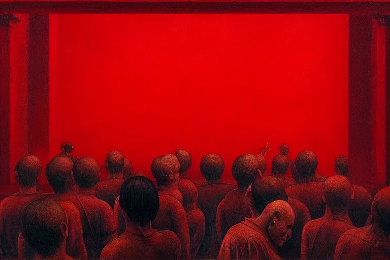 Image similar to only with red, crowd screaming, an exposed painting in a roman theater, in the style of beksinski, parts by edward hopper, parts by rodcenko, parts by yue minjun, intricate and epic composition, red by caravaggio, insanely quality, highly detailed, masterpiece, red light, artstation, 4 k