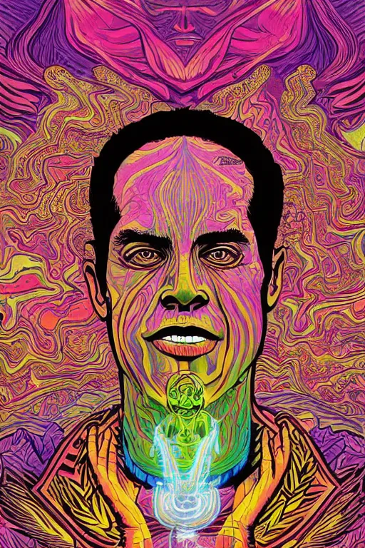 Image similar to a man tries a tab of LSD acid for the first time and hallucinates, by jack kirby, alex grey and dan hillier, colorful flat design, hd, 8k