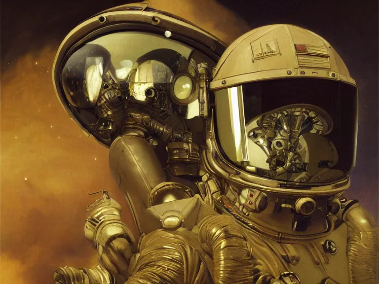 Image similar to a detailed profile oil painting of pilot in a spacesuit with reflective visor, flight suit, portrait symmetrical and science fiction dieselpunk theme with aurora lighting by beksinski carl spitzweg and tuomas korpi. baroque elements, full-length view. baroque element. intricate artwork by caravaggio. Trending on artstation. 8k