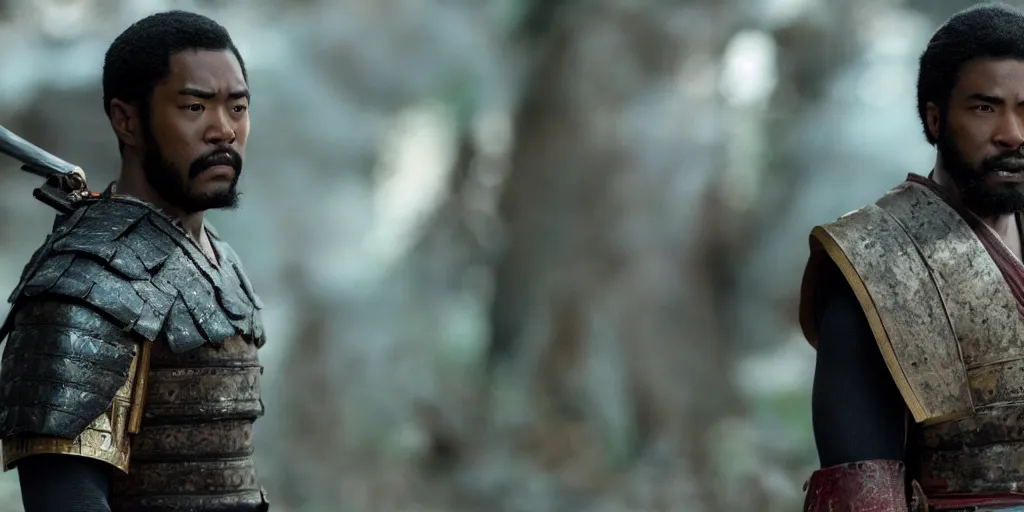 Image similar to a film still of a black man starring in a japanese blockbuster film as an ancient samurai, shallow depth of field, cinematic, award winning cgi, vfx, film still