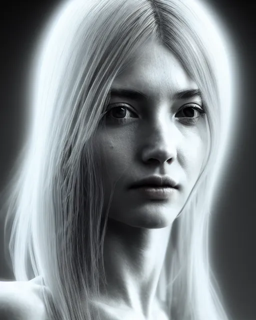 Prompt: a bw photorealistic portrait of a beautiful female translucent bio mechanical vegetal goddess with long silver hair, dreamy, elegant photorealistic, cinematic, octane render,