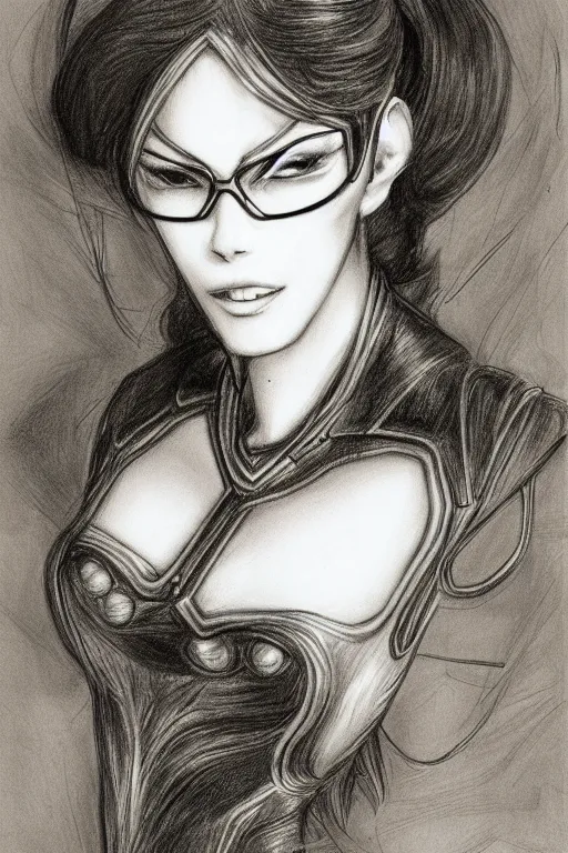 Image similar to Portrait sketch of fully clothed Bayonetta by Da Vinci