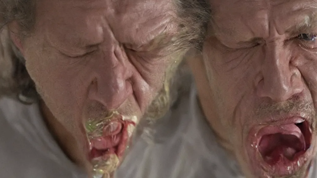 Image similar to alex grey painting a sneeze, film still from the movie directed by Denis Villeneuve with art direction by Salvador Dalí, wide lens