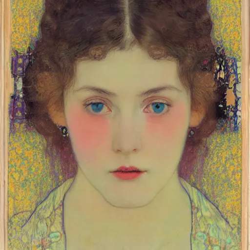 Prompt: portrait of a beautiful young lady with silver eyes, colored daguerreotype by klimt, by schiele, by mucha, by Mackintosh, art novesi, liminal, Bright pastel colors