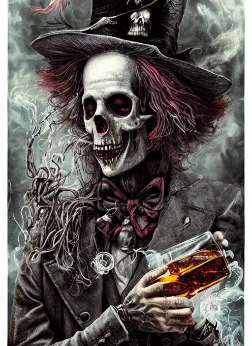 Prompt: Mad hatter big cloud of smoke, drinking whisky, death tarot card,highly detailed,half skull face,cinematic,8k,by Stanley Artgermm,Tom Bagshaw,Greg Rutkowski,Carne Griffiths, Ayami Kojima, Beksinski, Giger,trending on DeviantArt,hyper detailed,horror, full of colour