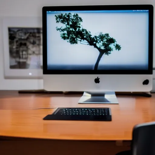 Image similar to an iMac computer sitting on a wood conference table, closeup shot, advertising lighting