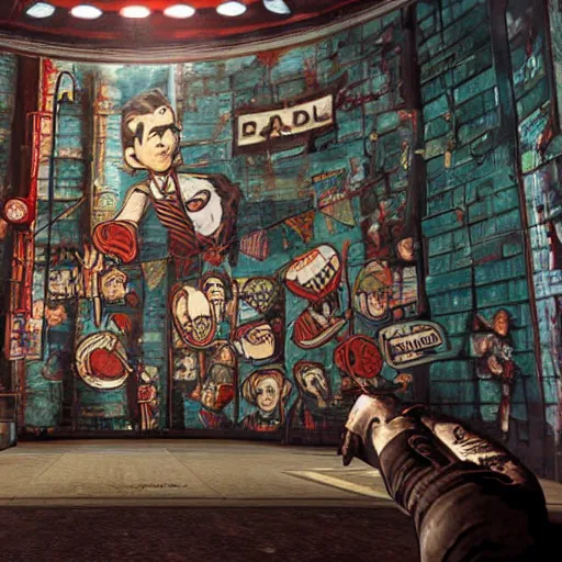 Image similar to where's waldo mural in bioshock