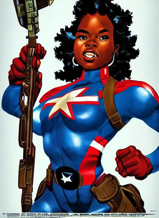 Image similar to beautiful black female captain america. afro - feminist captain america wins wwii. american wwii propaganda poster by james gurney, rob liefeld and pixar. gorgeous face. overwatch, realistic. black power