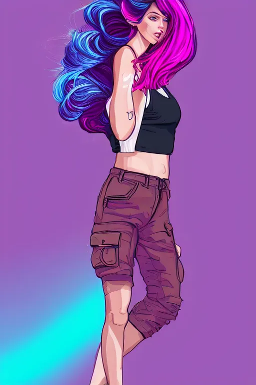 Image similar to a award winning half body porttrait of a beautiful woman in a croptop and cargo pants with ombre purple pink teal hairstyle with head in motion and hair flying, outrun, vaporware, shaded flat illustration, digital art, trending on artstation, highly detailed, fine detail, intricate