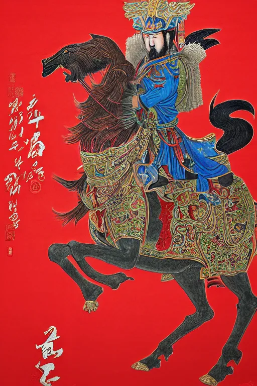 Prompt: A hyper realistic full body portrait of majestic guan yu stands in front of the red horse, defined features, by gu kaizhi, wu daozi, 8k, HD, gigapixel, portrait art, symmetrical composition, realistic proportions, ink and colored pigments on silk, sharpness applied, hyperrealism