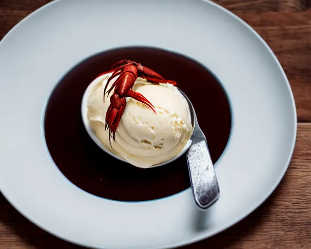 Image similar to dslr food photograph of a plate of lots of vanilla ice cream and a crawfish, some chocolate sauce, 8 5 mm f 1. 4