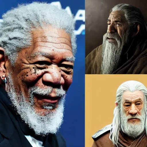 Prompt: morgan freeman starring as gandalf in lord of the rings, as an ugly titan, attack on titan, shingeki no kyojin, film still, wide open city