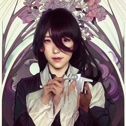 Prompt: kyoko kirigiri, portrait by artgerm, greg rutkowski and alphonse mucha, absolutely gorgeous, detective