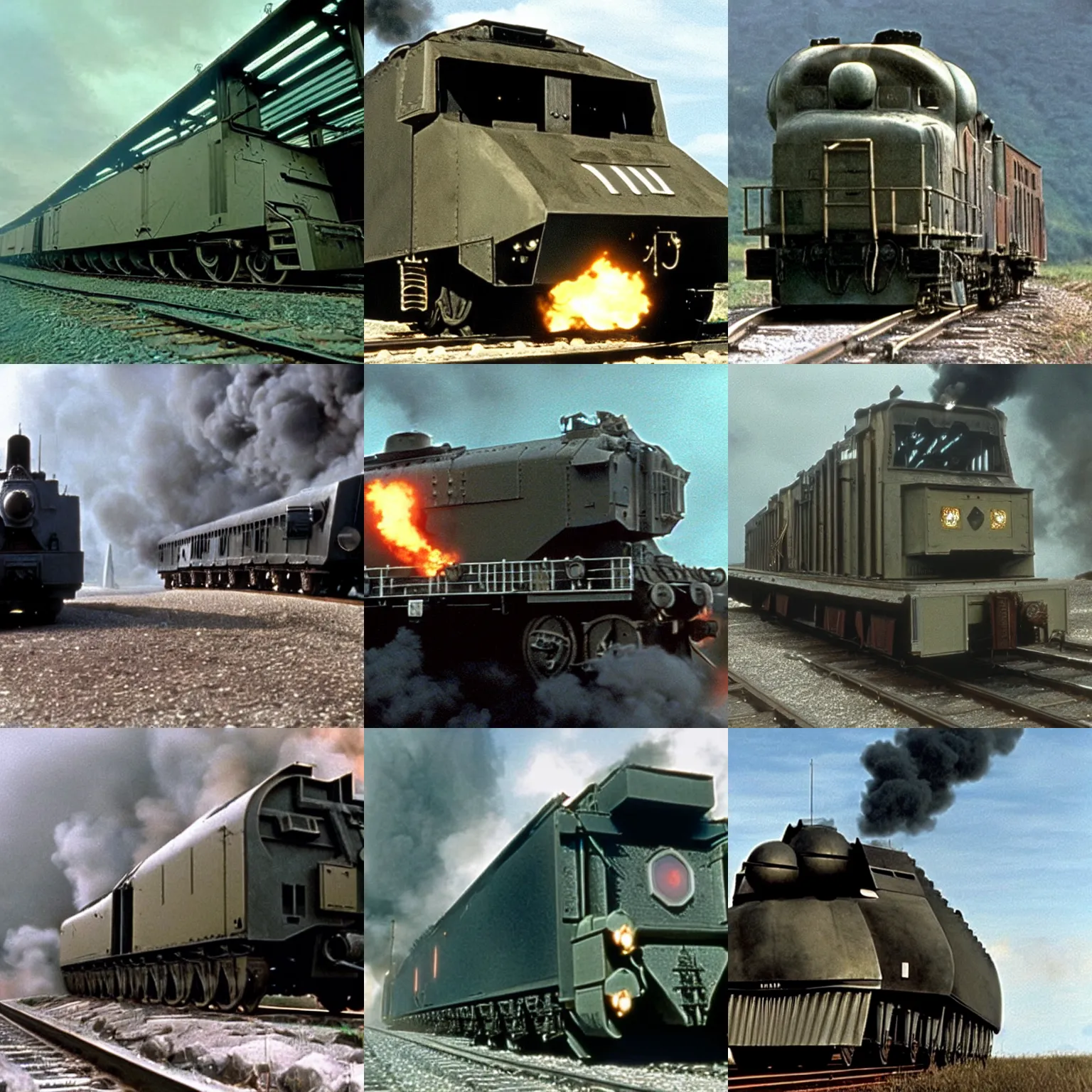 Prompt: An armoured train, film still from James Bond movie Goldeneye (1999)