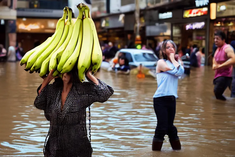 Image similar to closeup portrait of a woman carrying a bunch of bananas over her head in a flood in Rundle Mall in Adelaide in South Australia, photograph, natural light, sharp, detailed face, magazine, press, photo, Steve McCurry, David Lazar, Canon, Nikon, focus