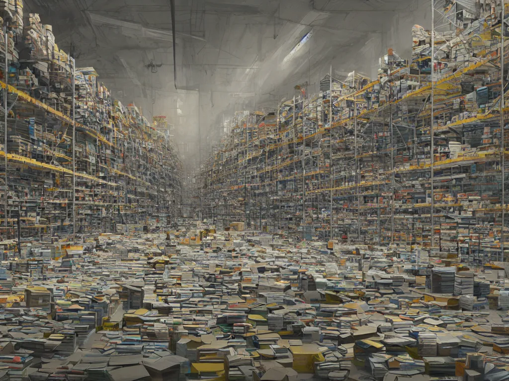 Image similar to a warehouse with huge shelves in which stacks of paper are stored in a painting from stalenhag, 4 k, 8 k, hdr, artstation, concept art