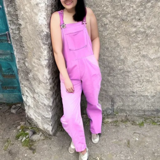 Image similar to a photo of a woman in cyan and pink overalls