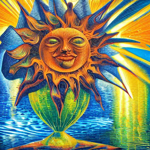 Prompt: water, flower, sun, surreal by dan mumford and umberto boccioni, oil on canvas