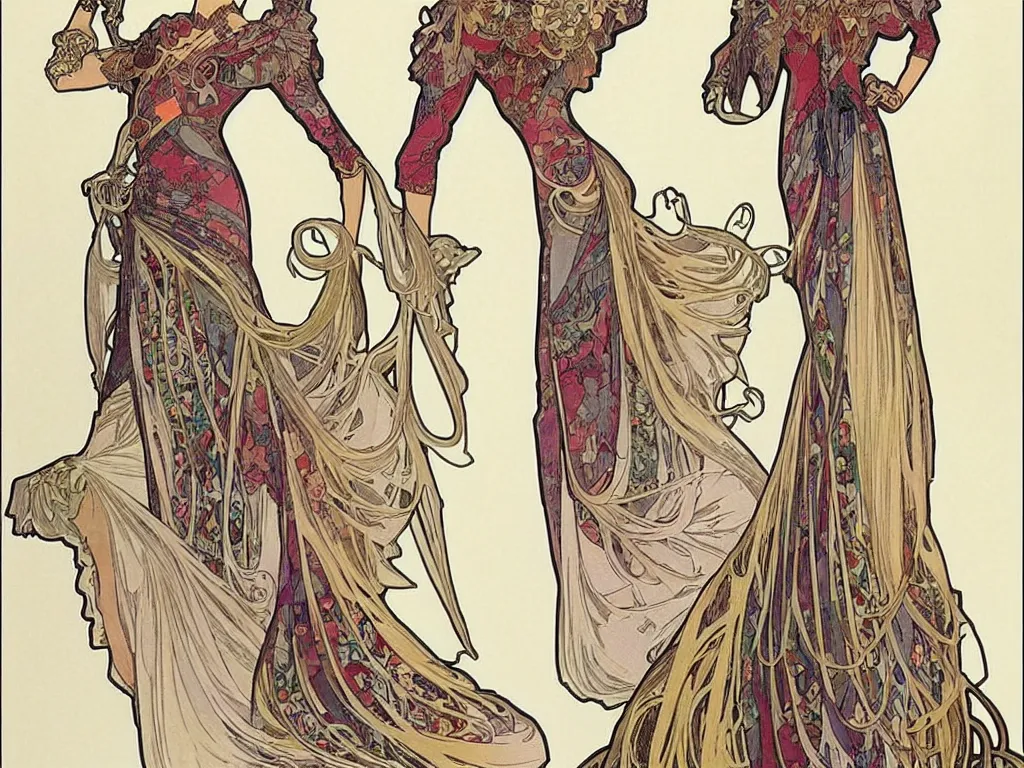 Image similar to 4 elegant full length spider horse dress designs with natural history prints designed by alphonso mucha