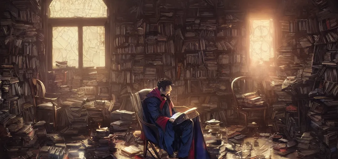 Image similar to a sad dr strange sitting alone in his room in a large chair, books messy about the room, sad, somber, by Stanley Artgerm Lau, WLOP, Rossdraws, James Jean, Andrei Riabovitchev, Marc Simonetti, krenz cushart