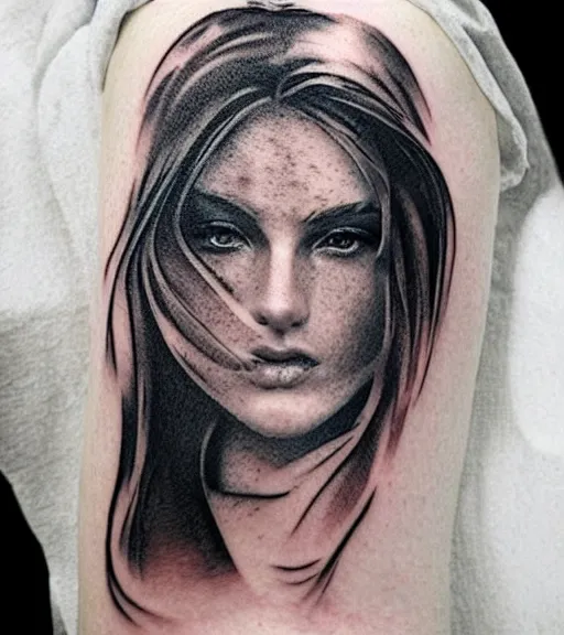 Image similar to tattoo design sketch of an extremely beautiful woman face with a stunning mountain view faded background on her side, hyper - realistic, double exposure, in the style of matteo pasqualin, amazing detail, black and white, faded