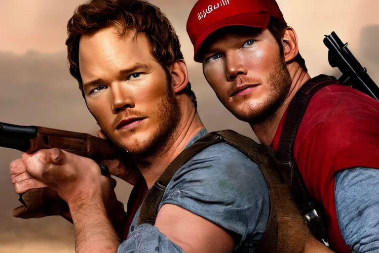 Prompt: a photo of chris pratt wearing a red cap and blue overalls carrying a shotgun, photorealistic, 8 k, castle background