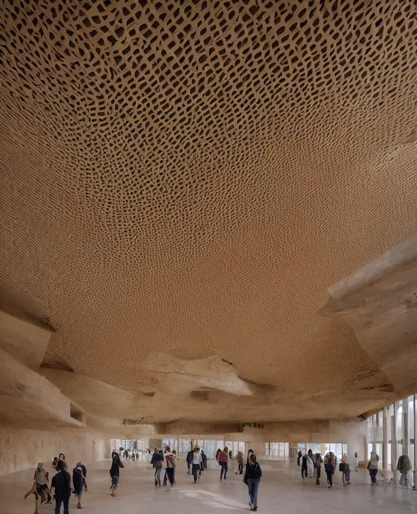 Image similar to indoor photo of a complex cultural building made of fractal rammed earth, people walking