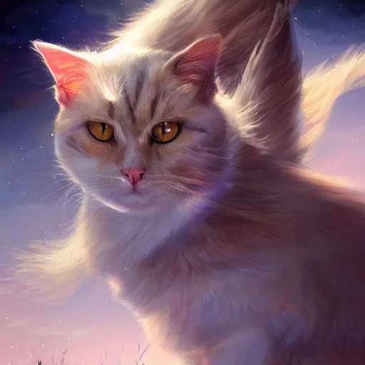 Prompt: portrait of a beautiful calico cat celestial background, detailed face, fantasy, highly detailed, cinematic lighting, digital art painting by artgem and greg rutkowsk, trending on artstation, very very beautiful, very attractive, high fantasy