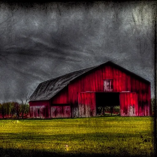 Prompt: a spooky old barn artistic rendition saturated colors deep blacks