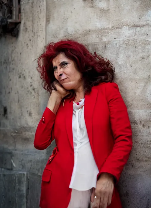 Image similar to color Close-up portrait of a beautiful 40-year-old Italian woman, wearing a red outfit, candid street portrait in the style of Martin Schoeller award winning, Sony a7R