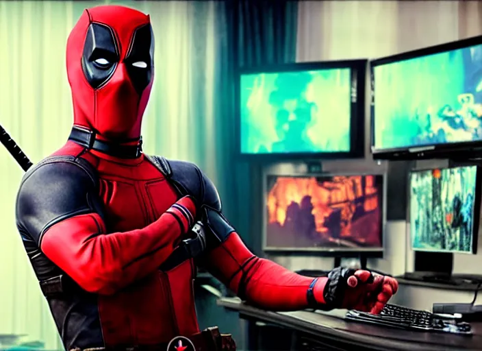 Prompt: film still of Deadpool working as a twitch streamer next to his RGB gaming PC in his neon lit bedroom in the new Deadpool movie, 4k