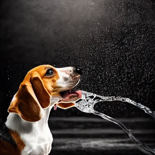 Prompt: A Beagle playing with water from a hose, outdoor photo, promo shoot, studio lighting