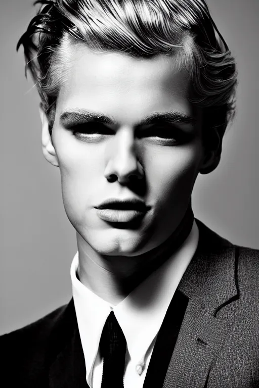 Prompt: stunning black and white portrait of a handsome young blond man by kenneth willardt. medium length glossy hair. face only. hollywood movie star. vintage glamour. suit and tie.