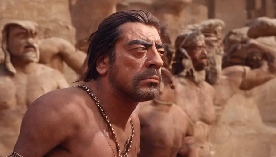 Prompt: dramatic movie stills by david lean of javier bardem as gilgamesh sumerian king facing the gods, sumerian epic movie, cinestill 8 0 0 t eastmancolor technicolor, high quality, very detailed, heavy grain, fine facial features, 8 k, octane render