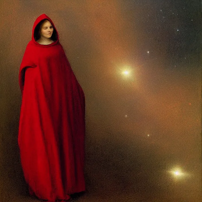 Prompt: a woman in a red hooded cloak in a nebula, by Odd Nerdrum